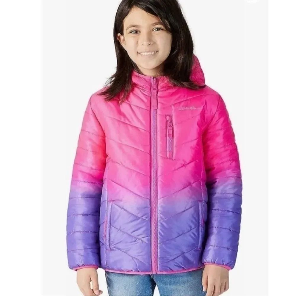 Eddie Bauer reversible ombré puffer / teddy fleece hooded jacket size large